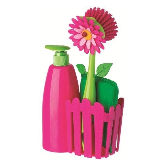 Distributeur de savon+Eponge+Brosse Rose