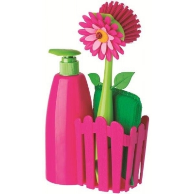 Distributeur de savon+Eponge+Brosse Rose