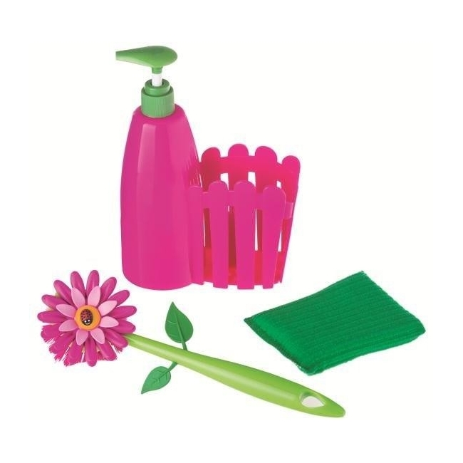 Distributeur de savon+Eponge+Brosse Rose