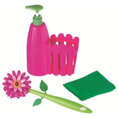 Distributeur de savon+Eponge+Brosse Rose