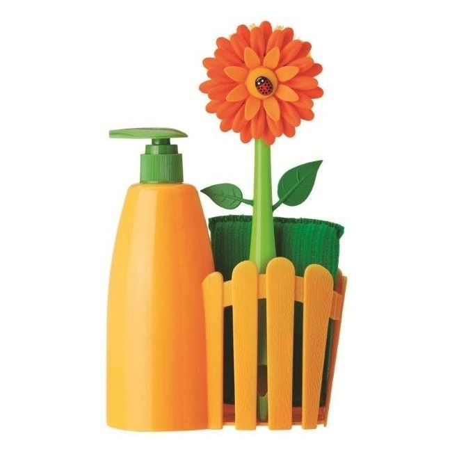 Distributeur de savon+Eponge+Brosse Orange