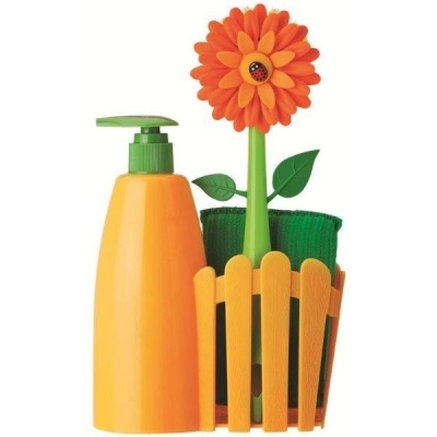 Distributeur de savon+Eponge+Brosse Orange